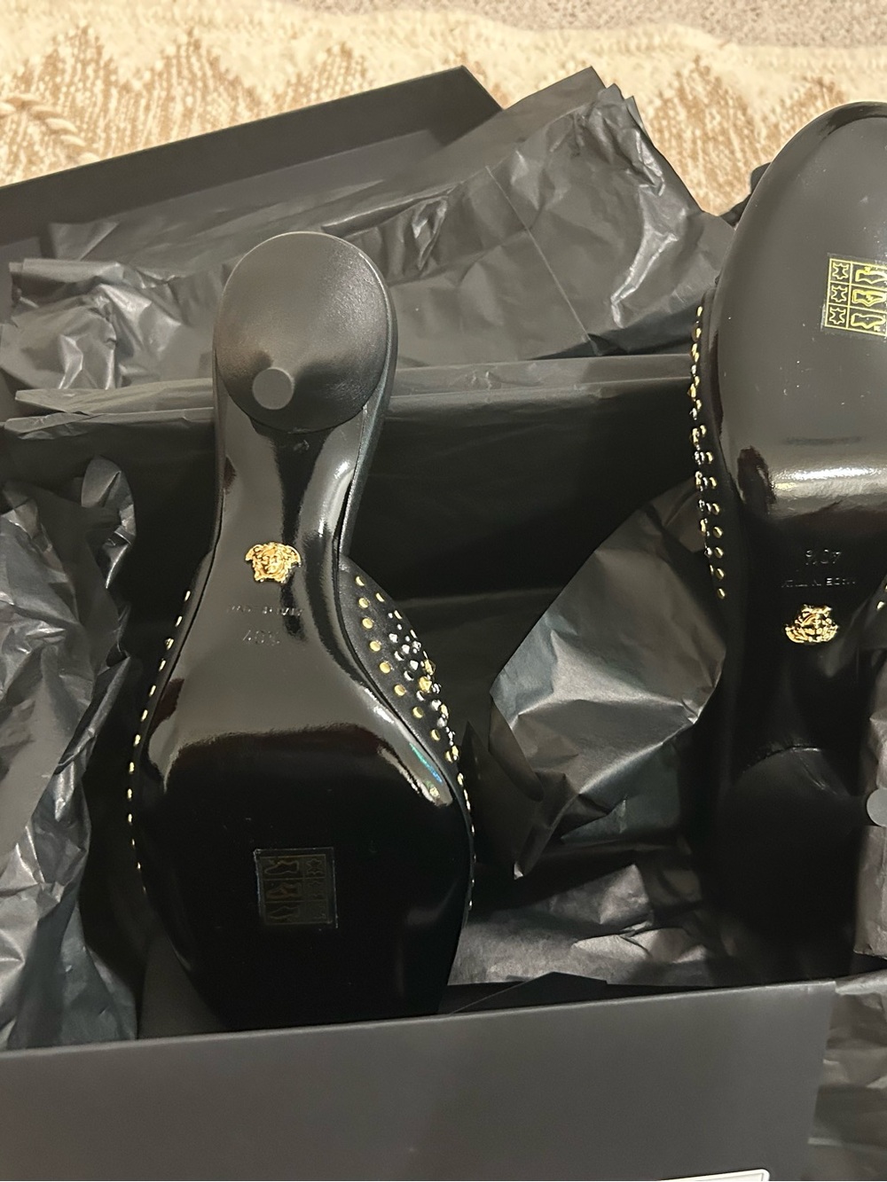Versace Black Patent Heels with Gold Studs
